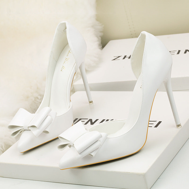 3168-2 Korean Style Fashionable Sweet Bowknot High Heels Stiletto Heel Shallow Mouth Pointed Toe Side Hollow out Pumps