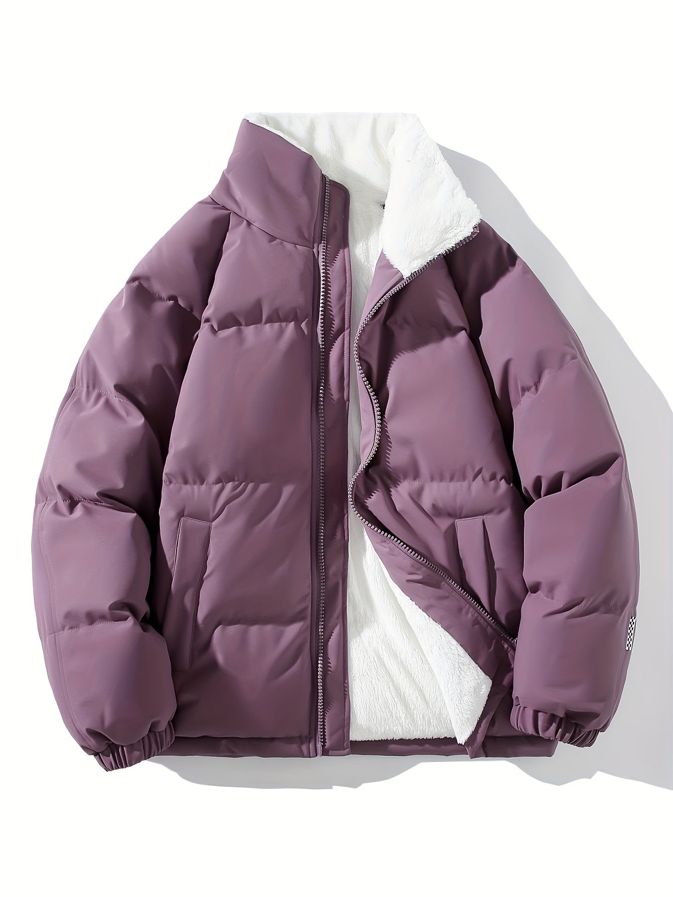 Men's Solid Puffer Coat With Pockets, Casual Breathable Stand Collar Zip Up Long Sleeve Fleece Warm Coat For Winter Outdoor Activities