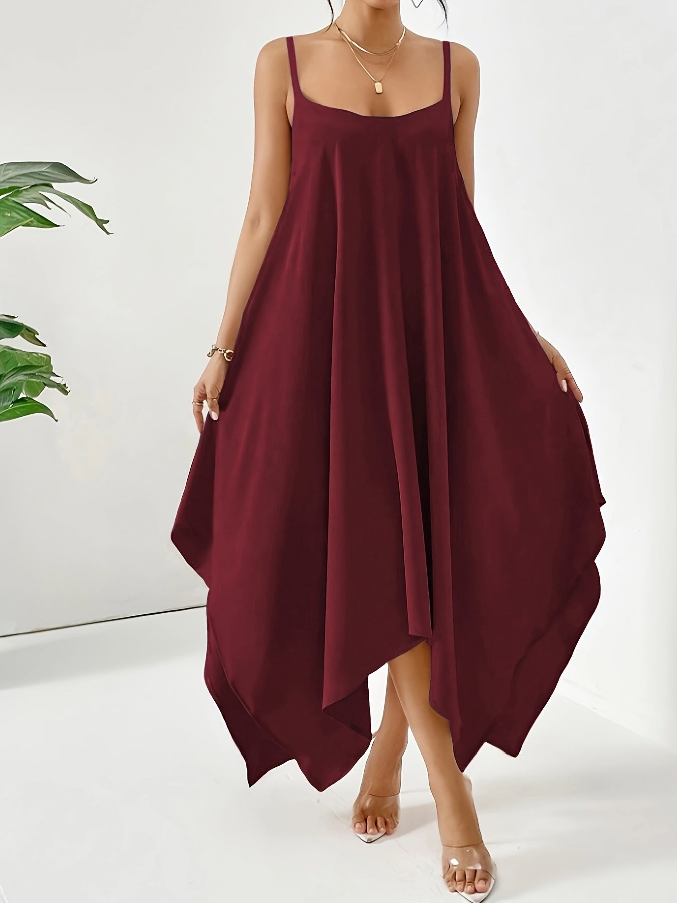 VAKKV Solid Asymmetric Hem Cami Dress, Casual Sleeveless Spaghetti Strap Dress, Women's Clothing
