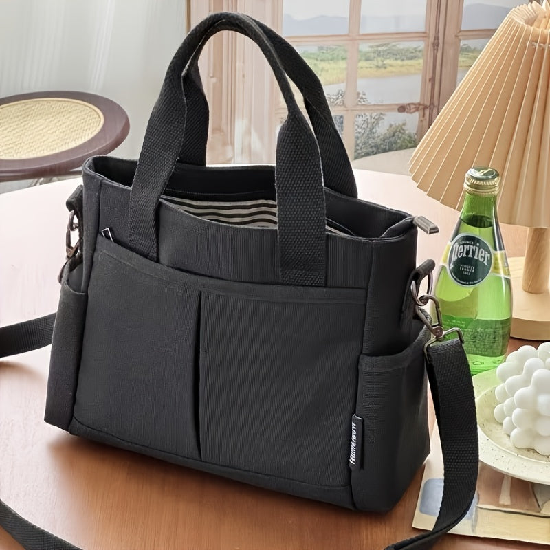 Stylish Small Canvas Tote Bag with Zipper Closure, Leather Accents - Perfect for Commuting and Casual Outings