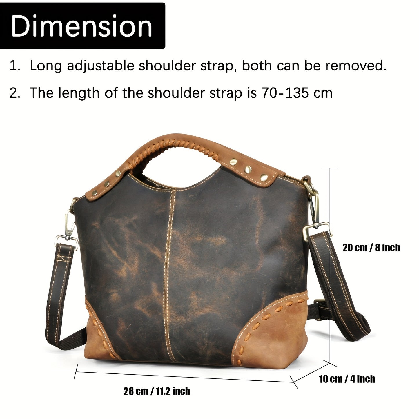 Vintage-Inspired Crazy Horse Leather Satchel Tote Bag for Women - Durable, Stitched, and Spacious with Removable Strap, Adjustable Shoulder Strap, and Polyester Lined Zippered Interior - Perfect for Work, School, or Daily Use