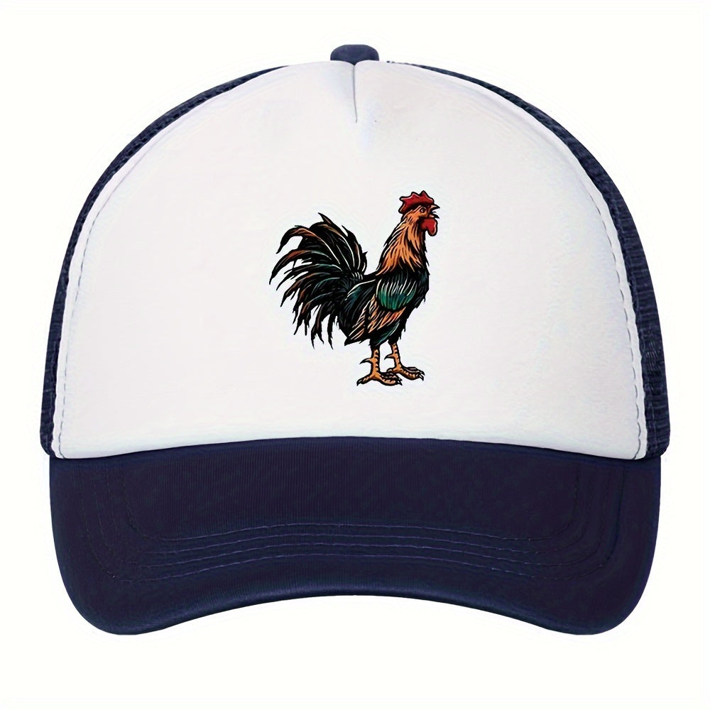 Retro Rooster Print Curved Brim Baseball Cap - Breathable Mesh Trucker Hat with Snapback Closure, Perfect for Casual Leisure Outdoor Sports, Unisex Fashion Accessory for Summer, Spring, and Fall
