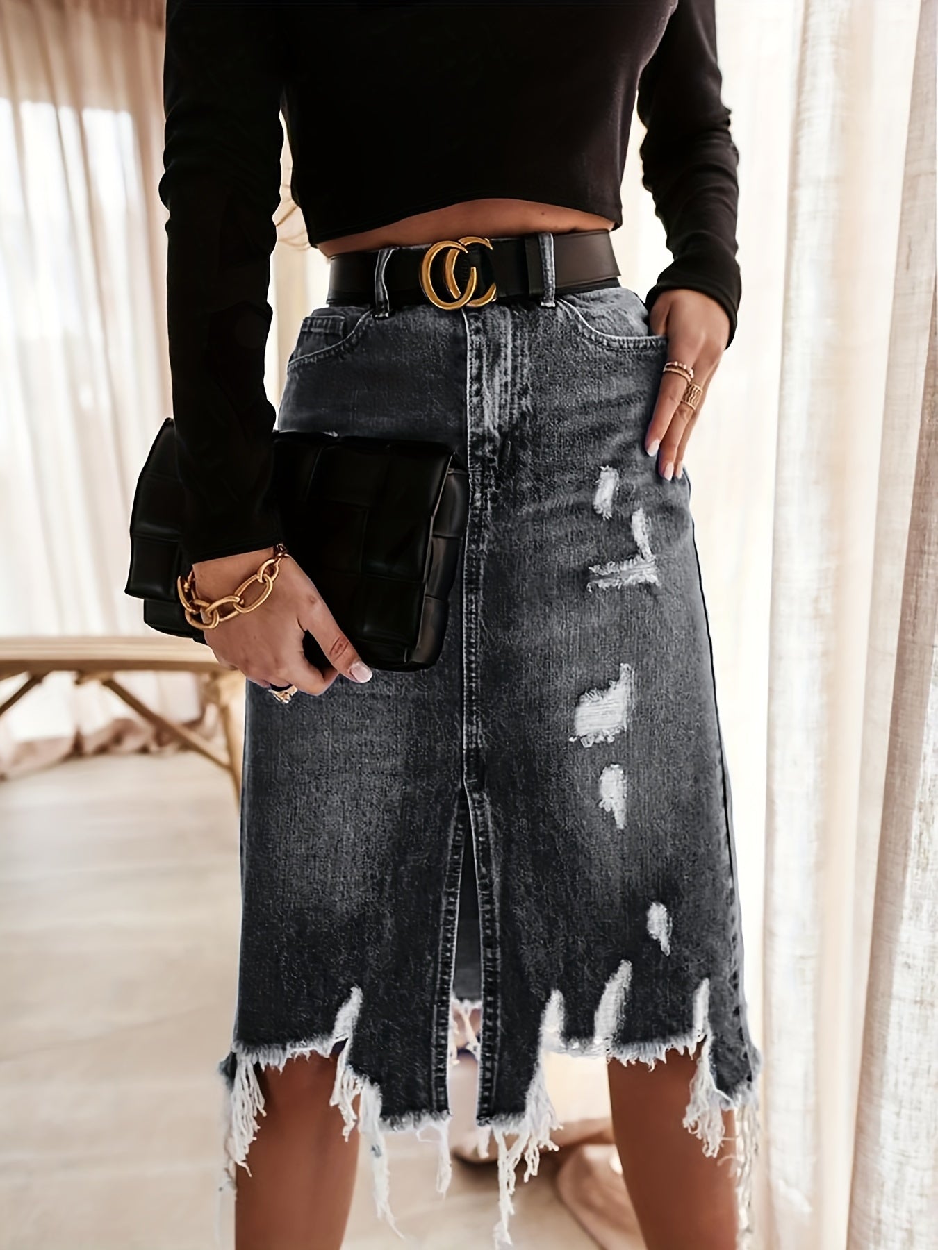Chic Distressed Denim Skirt - Flattering High Rise, A-Line, Destroyed Hem, Knee-Length, Thigh Split - Womens Casual Fashion