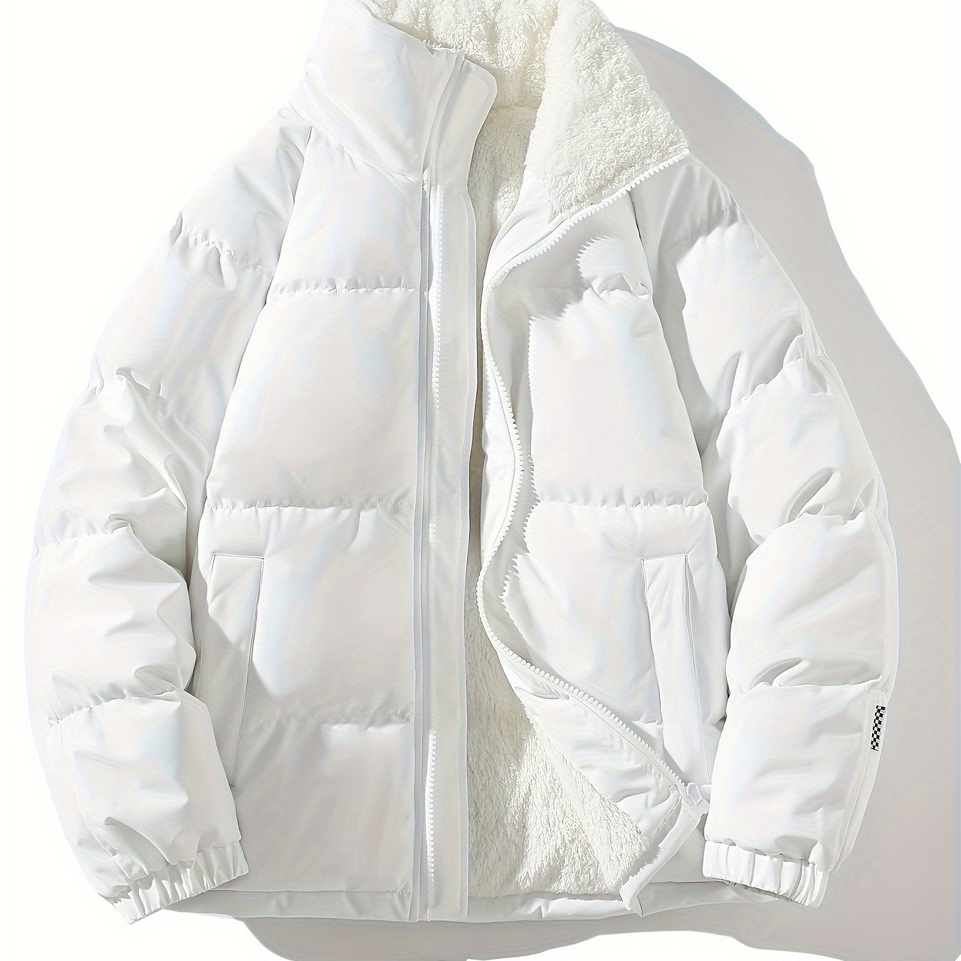 Men's Solid Puffer Coat With Pockets, Casual Breathable Stand Collar Zip Up Long Sleeve Fleece Warm Coat For Winter Outdoor Activities