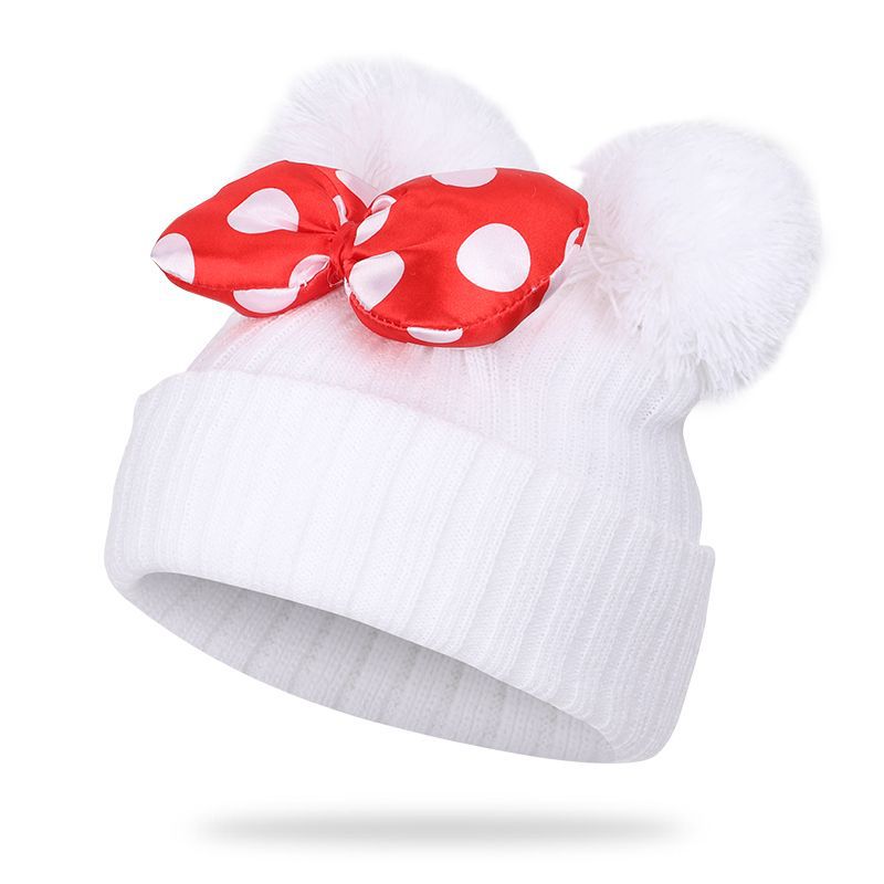 Toddler Beanie With Bow Decor, Knited Hat, Double Pom Pom Polka Dot Warm Winter Cap For Baby Girls
