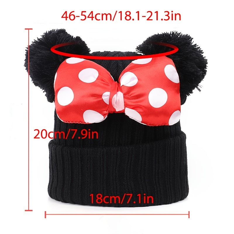 Toddler Beanie With Bow Decor, Knited Hat, Double Pom Pom Polka Dot Warm Winter Cap For Baby Girls