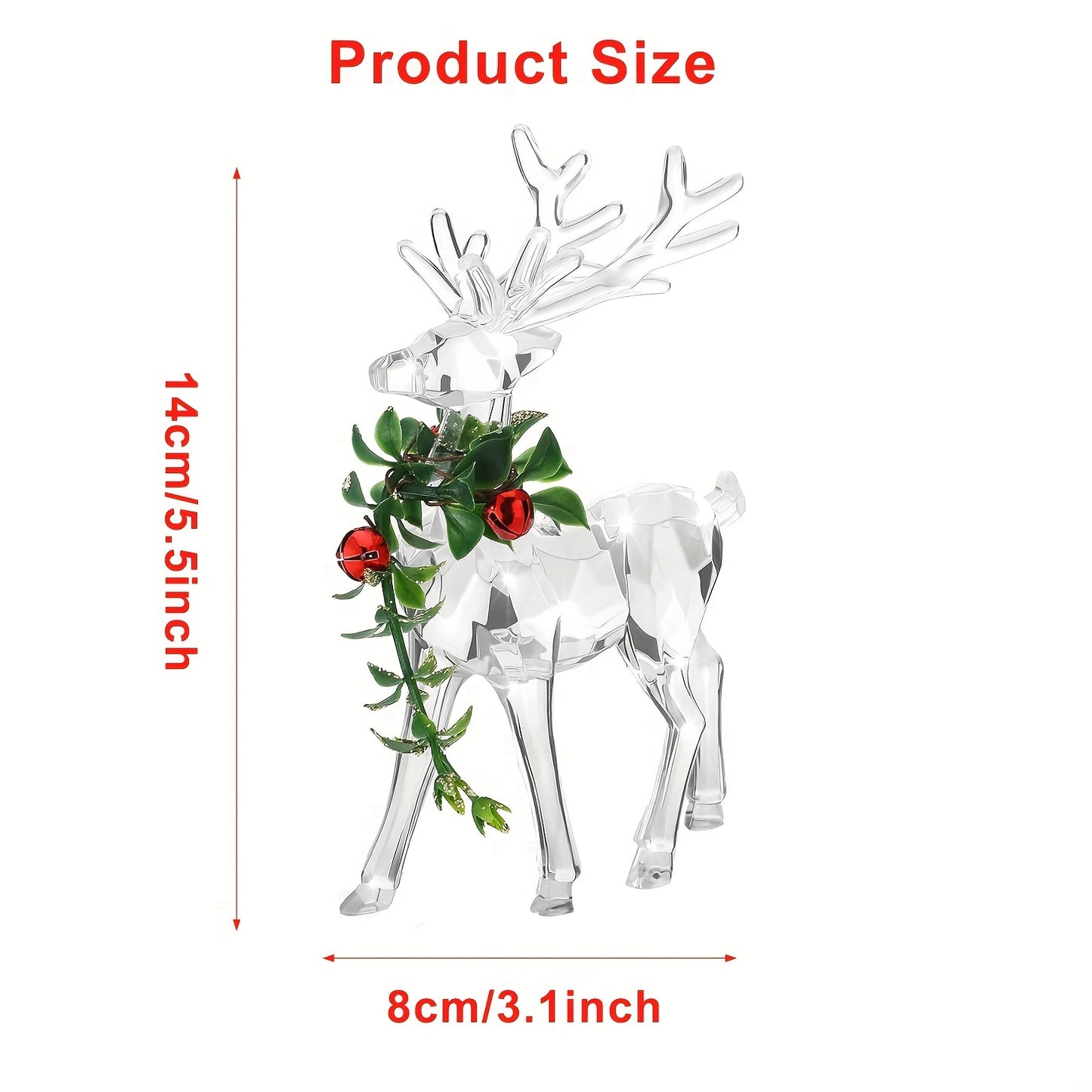 2pcs Vibrant Acrylic Reindeer Ornaments - Clear Deer Figurines with Red Bells, Sparkling Tabletop Decorations for Holiday Table Centerpiece, Christmas Decor, Festive Home Decorations, Indoor Decor