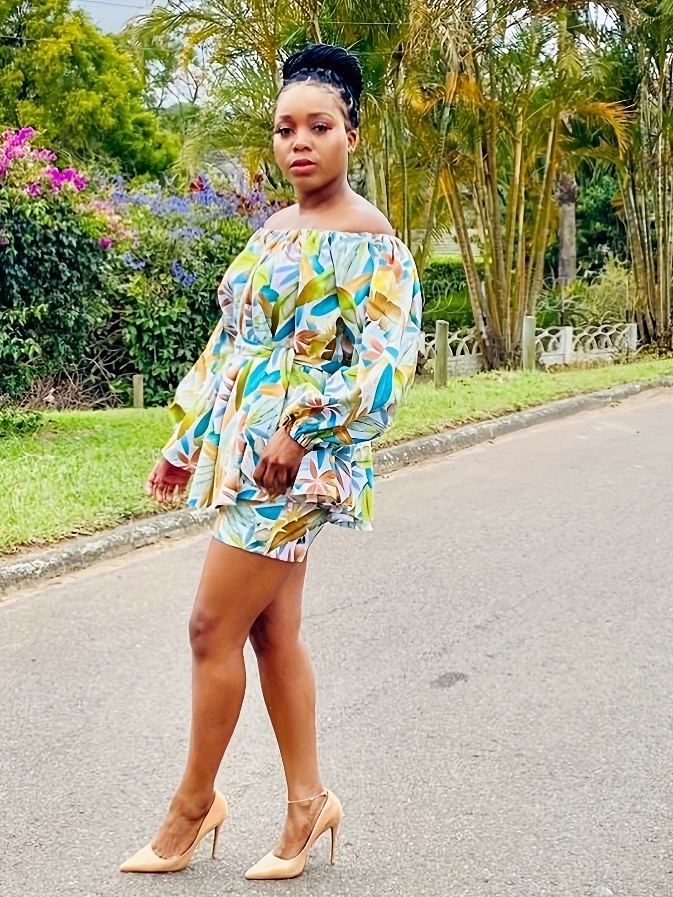 Trendy Leaves Print Sexy Two-Piece Outfit - Accentuating Slim Waist, Flattering Off-The-Shoulder Neckline, Body-Hugging Slim Shorts - Stylish Womens Clothing for Fashion-Conscious Ladies