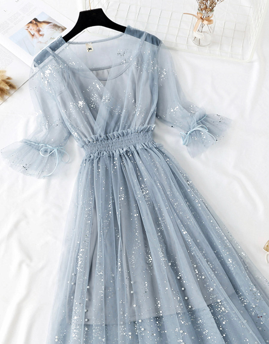 VAKKV A Line Two Pieces Tulle Dress With Sequins P336