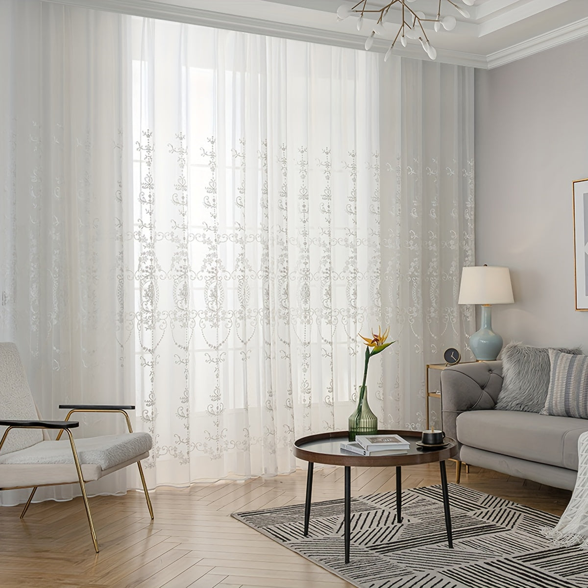 1pc Elegant White Embroidered Sheer Curtain - Simple Geometric Flower Pattern, Rod Pocket Design, Embroidered Yarn Fabric, Filters Soft Light, Adds Elegance to Living Room, Bedroom, Home Decor - Easy Care, Machine Washable