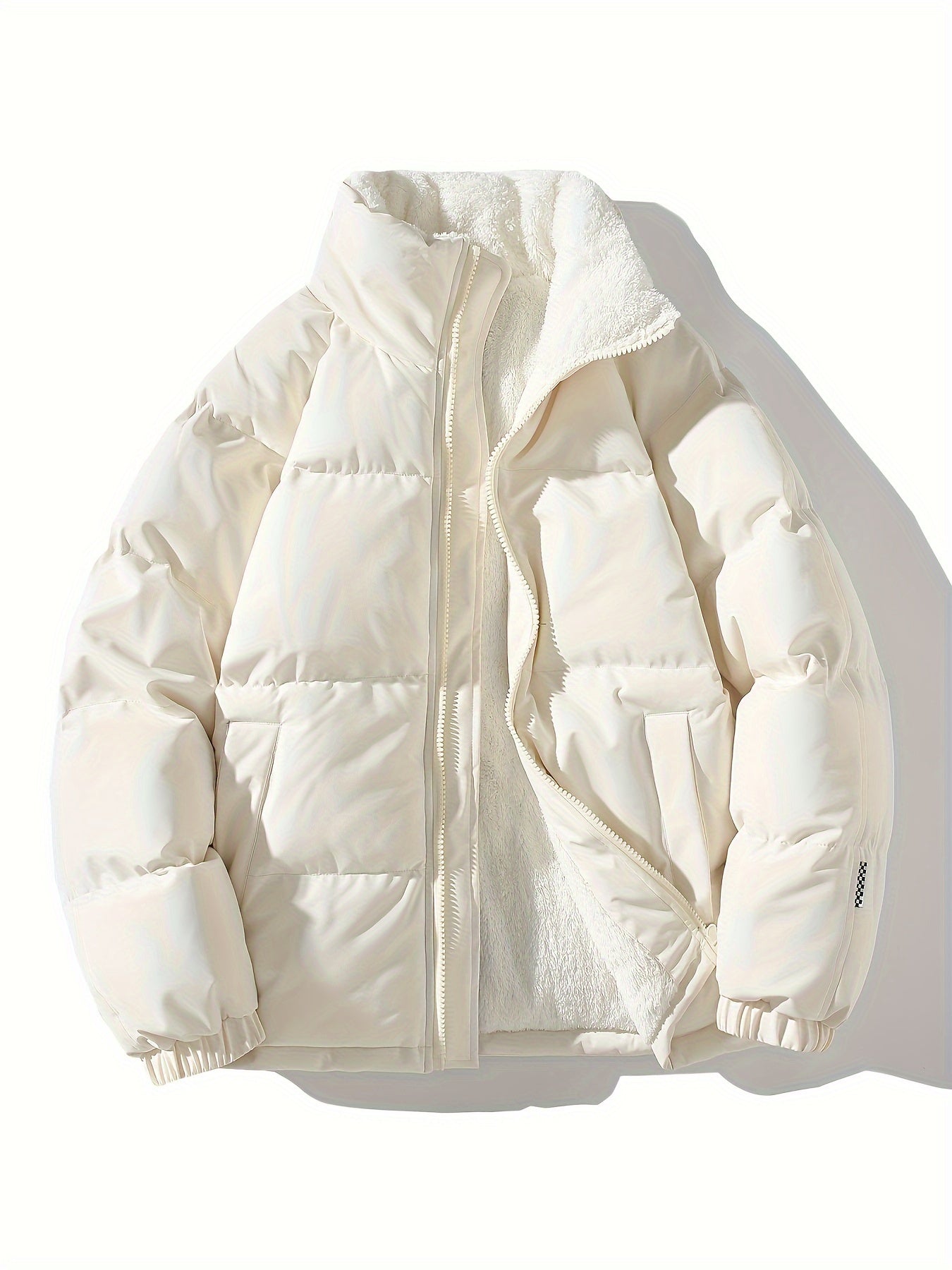 Men's Solid Puffer Coat With Pockets, Casual Breathable Stand Collar Zip Up Long Sleeve Fleece Warm Coat For Winter Outdoor Activities
