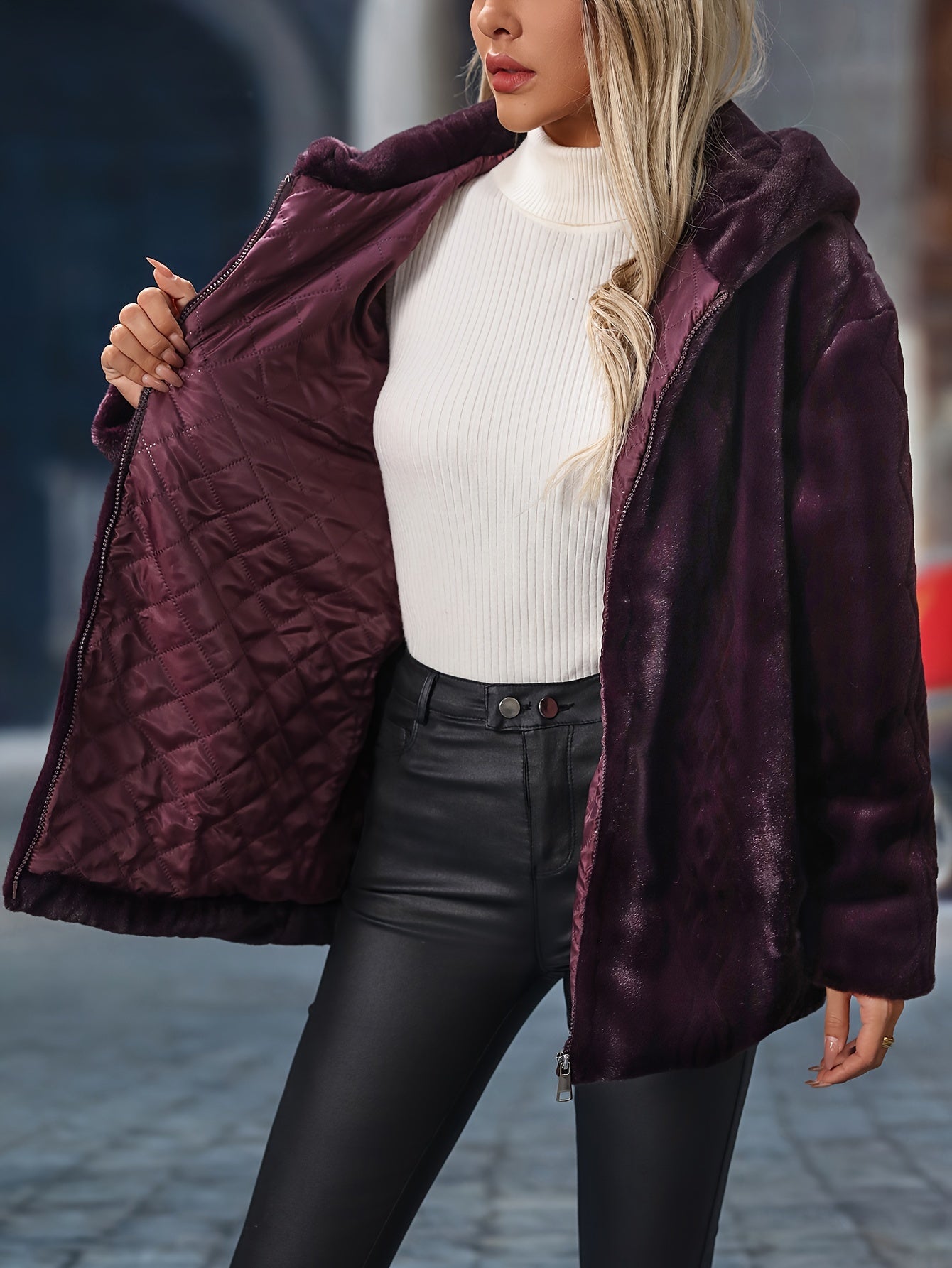 Faux Fur Zip Up Hooded Coat, Elegant Long Sleeve Warm Outerwear For Fall & Winter, Women's Clothing