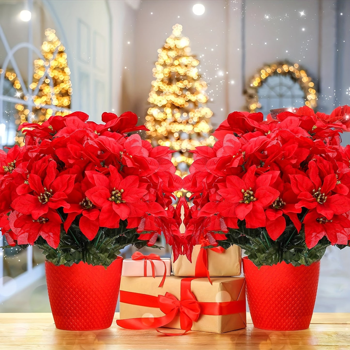 2pcs Poinsettias Artificial Poinsettia Flowers, 7 Heads Red Christmas Flowers, Fake Bush Poinsettia Flowers For Home Xmas Tree Table Centerpieces Wedding Decor