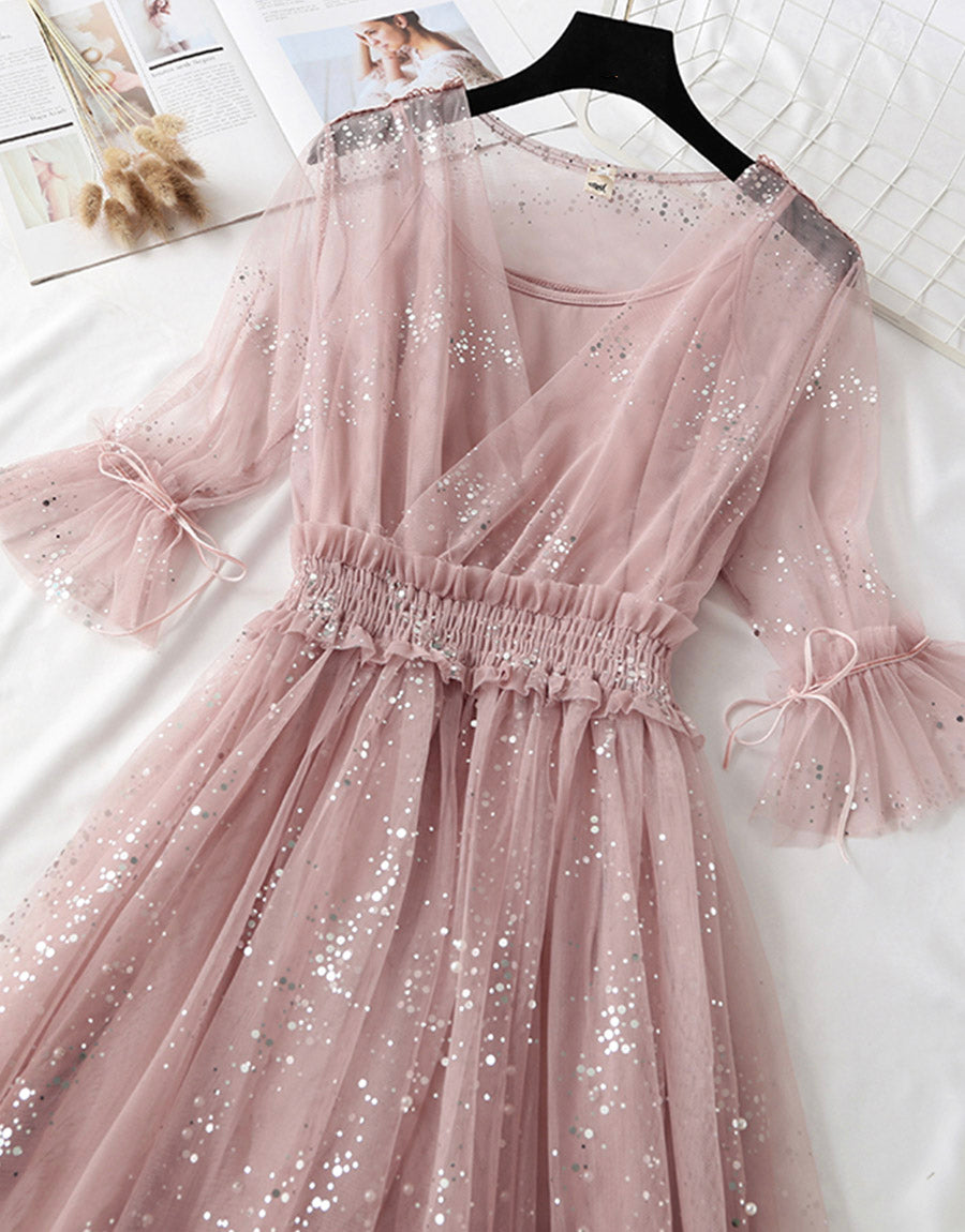 VAKKV A Line Two Pieces Tulle Dress With Sequins P336