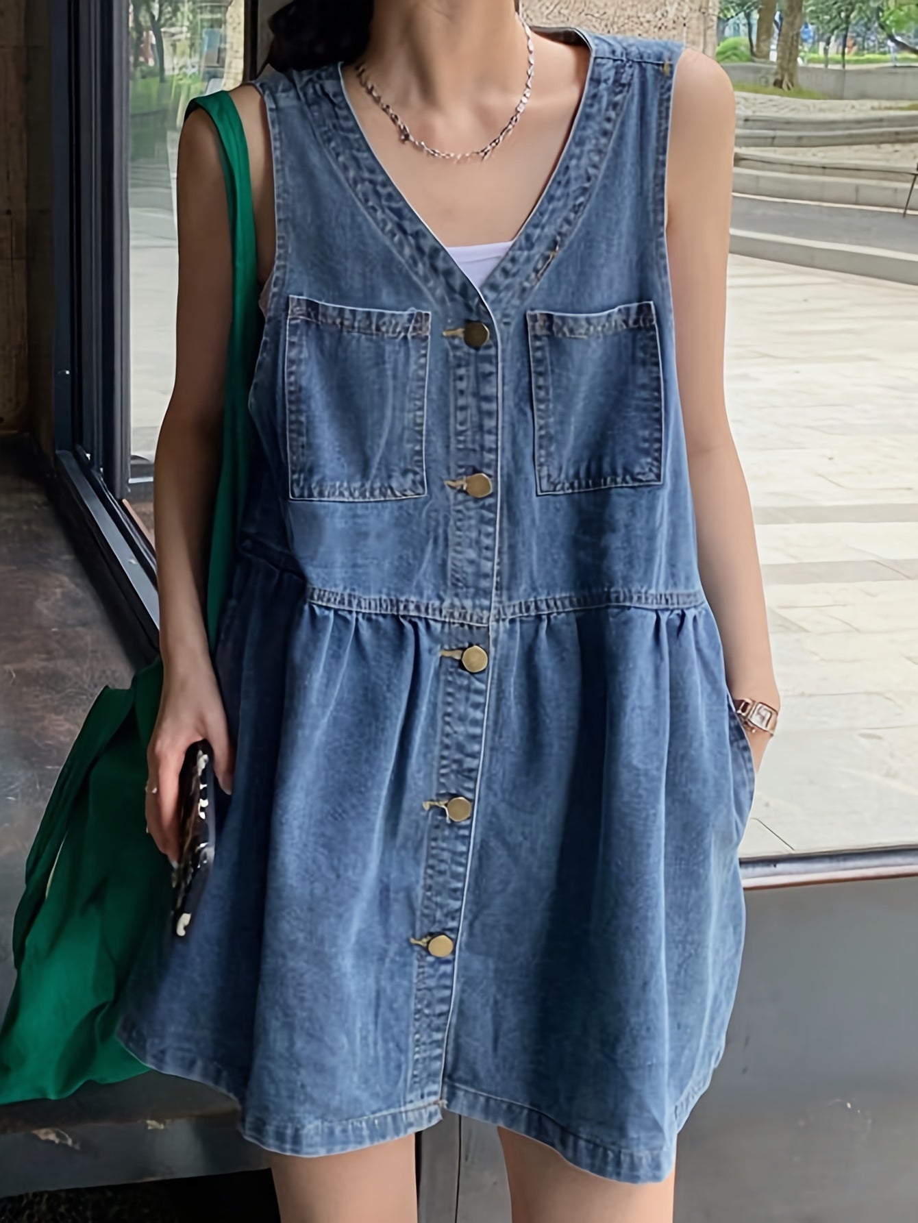 Plain Washed Blue V Neck Button Closure Sleeveless Casual Style Denim Dress, Women's Denim Jeans & Clothing