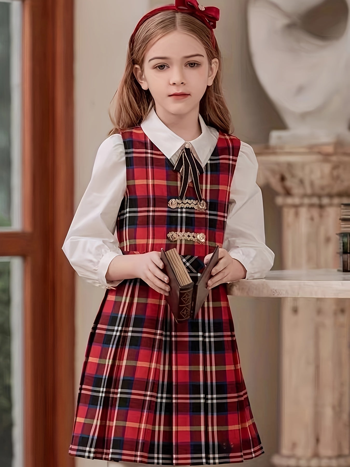 Girls' Vintage Plaid Dress - Classic School Uniform, Perfect for Spring, Fall, and Christmas, Ideal Gift for School Girls
