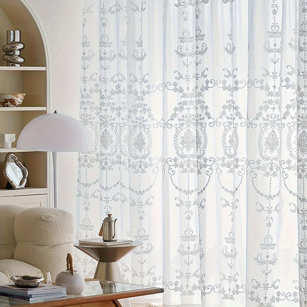 1pc Elegant White Embroidered Sheer Curtain - Simple Geometric Flower Pattern, Rod Pocket Design, Embroidered Yarn Fabric, Filters Soft Light, Adds Elegance to Living Room, Bedroom, Home Decor - Easy Care, Machine Washable