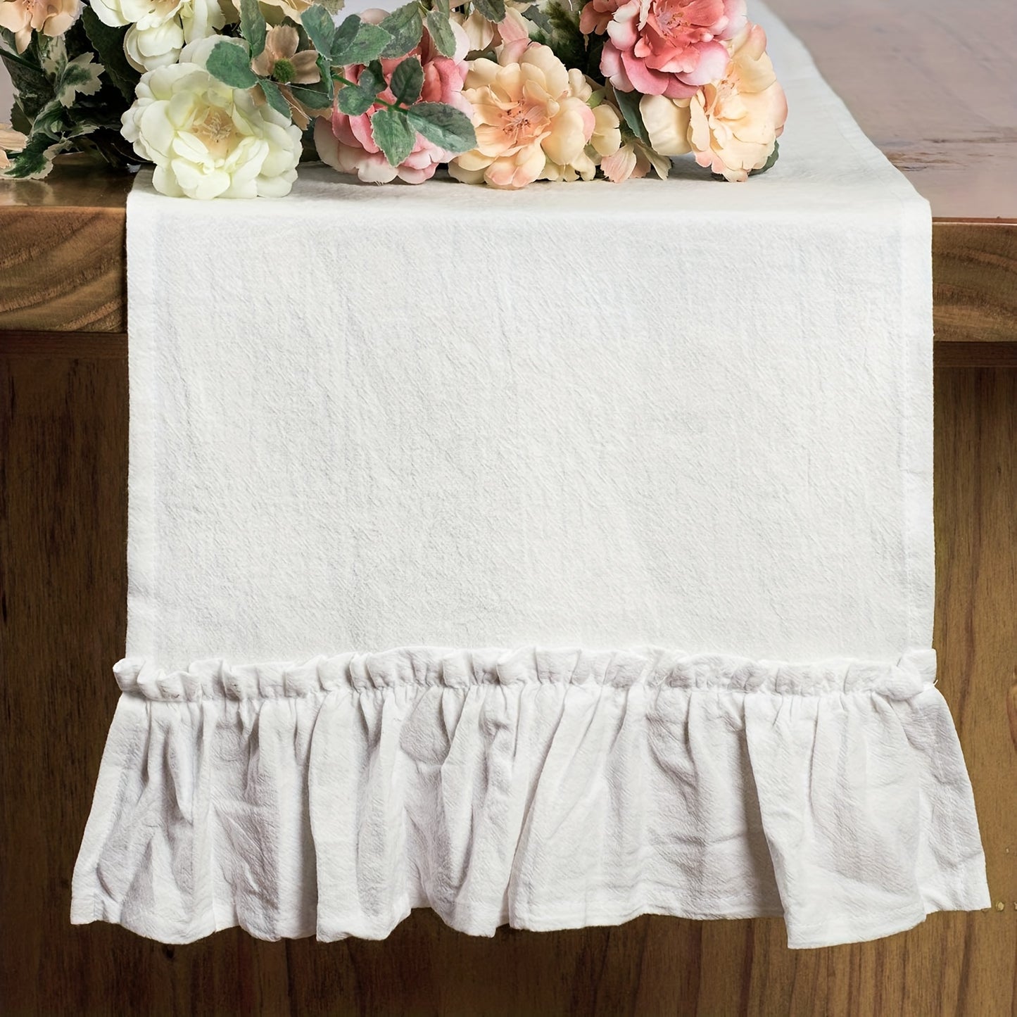 60" x 36" Pure White Polyester Ruffled Table Runner with Floral Edges for Christmas Holiday Theme - Rectangular Shape Woven Cover