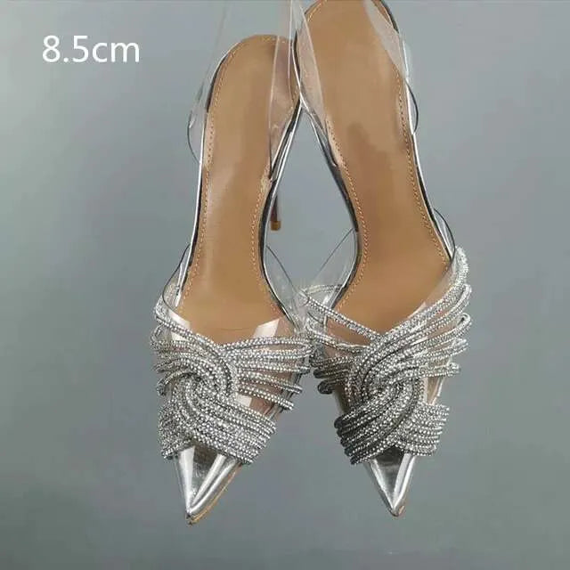 Summer New Women's Roman Rear Strap Pumps Transparent Baotou Rhinestone Pointed Toe High Heels Ultra-High Stiletto Heel Kq8