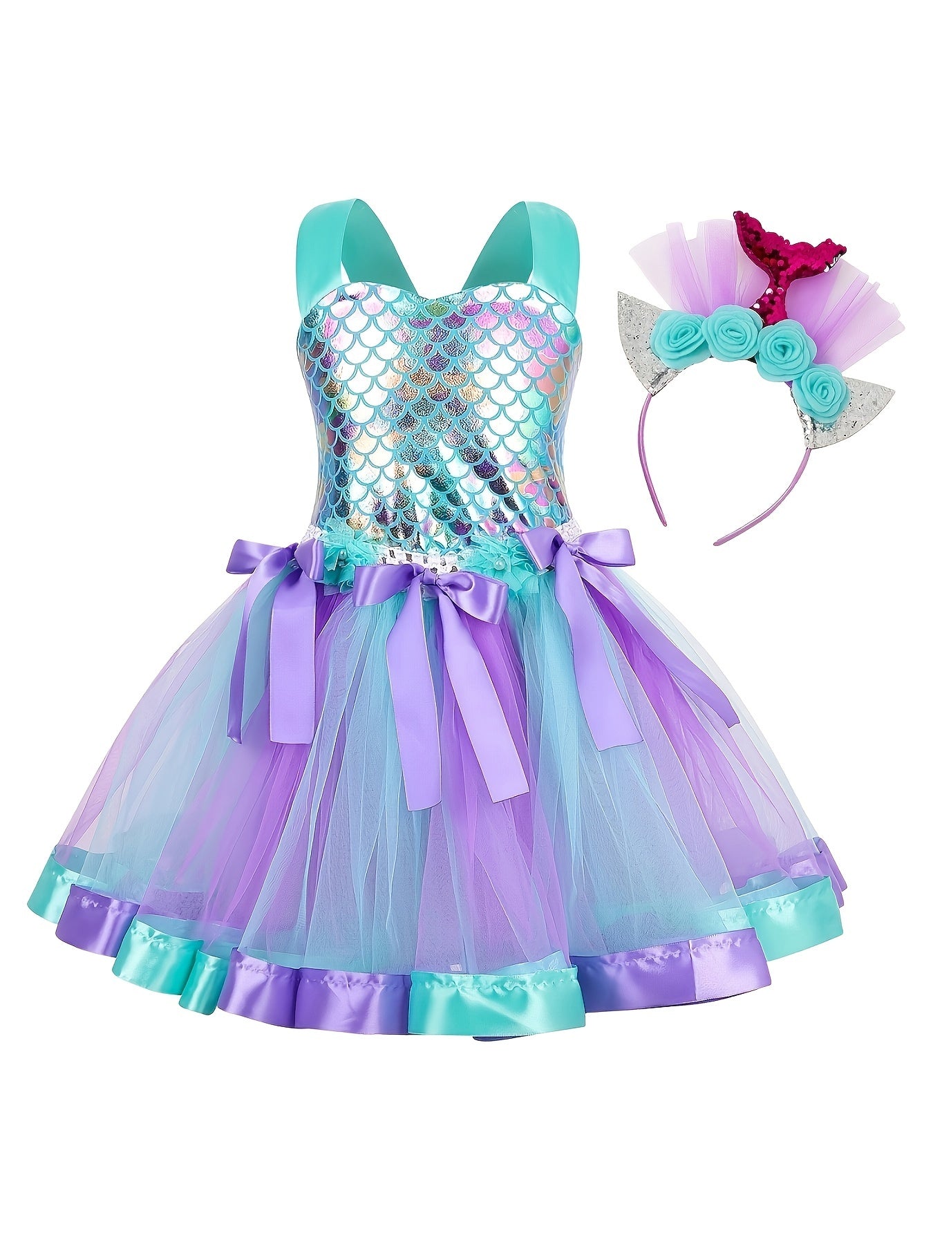 Tutu Dress and Headband Set - Sparkling Fish Scale Pattern Mesh Outfit for Girls - Perfect for Christmas, Halloween, Birthday Party, Performance, and Gift-Giving Occasions