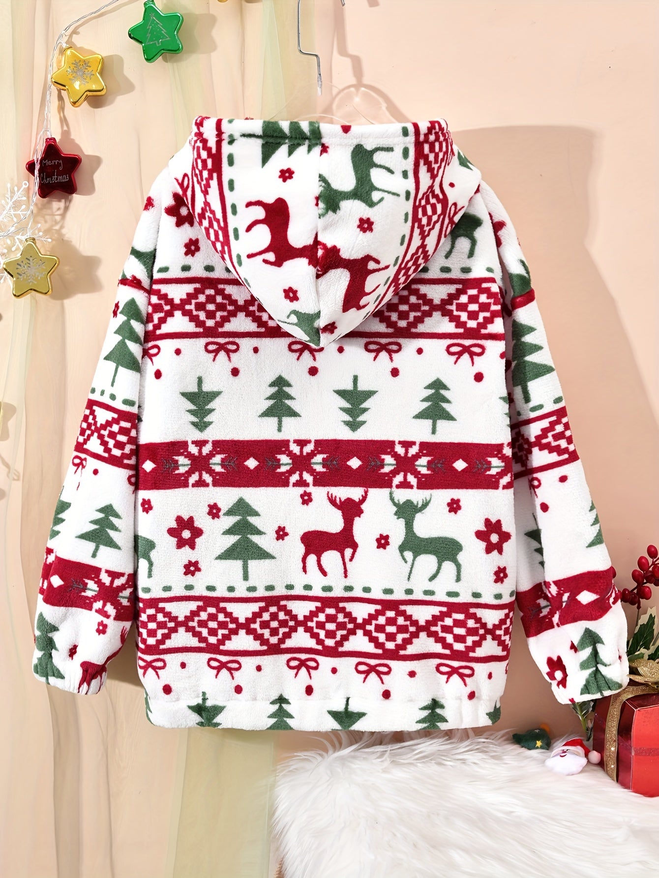 Kiddibuddy Cozy Festive Hooded Cardigan - Soft, Plush, Long Sleeve, Machine Washable, Perfect for Fall and Winter Seasons, Girls' Favorite Christmas Print Design