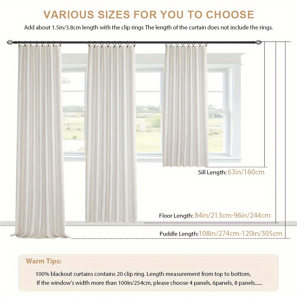 2 Panels 100% Blackout Linen Textured Curtains - Complete Darkness & Thermal Insulation - Natural Elegance for Bedroom & Living Room - Includes Clip Rings or Rod Pocket Options