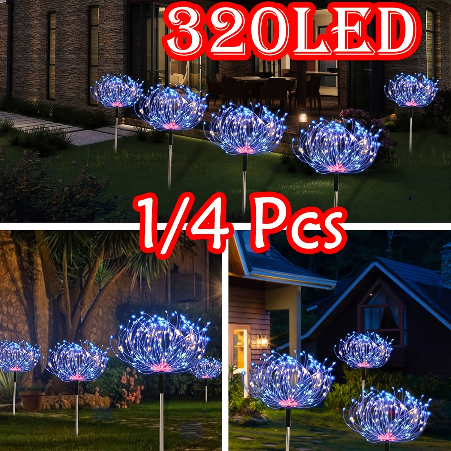 4pcs/1pc 320/240/90LED Solar Garden Lights Outdoor, Solar Firework Lights Upgraded and5 Waterproof Solar Powered Sparkler Lights For Outside With 8 Lighting Modes For Garden Yard Outdoor Decor, Halloween Christmas Decorations Outdoors (Warm White, Multico