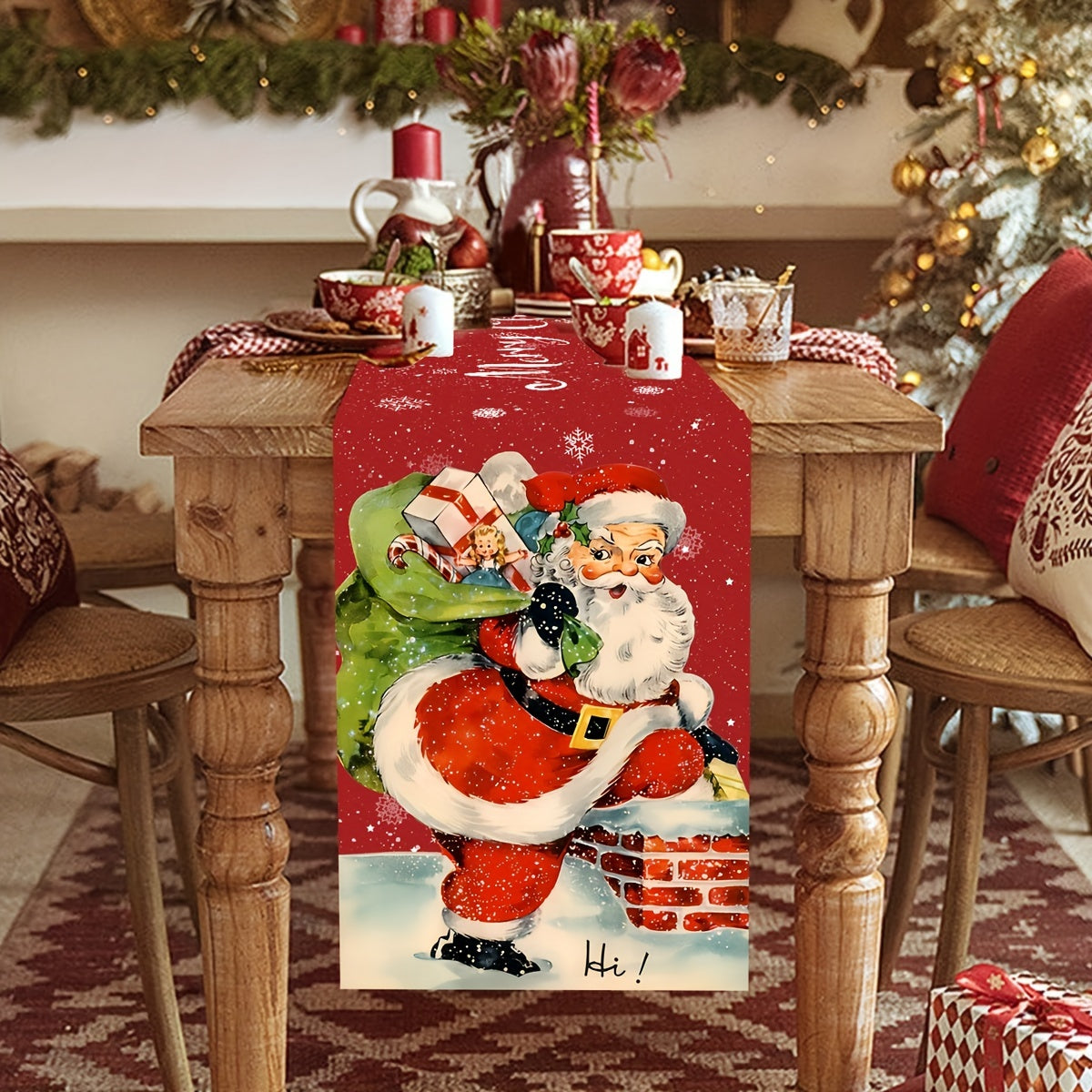 Vintage Country Style Santa Claus Chimney Christmas Table Runner - Polyester, Perfect for Holiday Parties & Home Decor Holiday Decorations