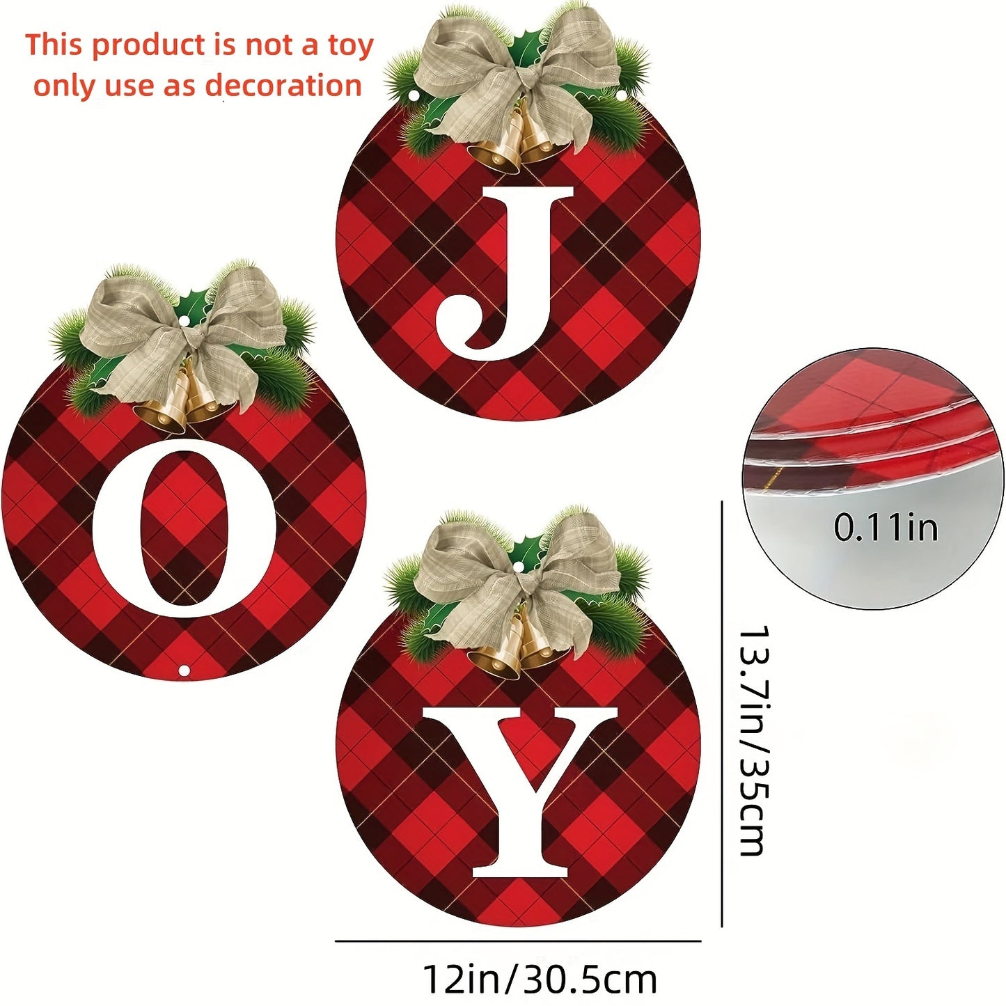 3pcs Rustic Christmas JOY Signs, Buffalo Plaid Christmas Wreaths For Front Door - Christmas Pendant, Holiday Xmas Garage Door Wall Decorations Indoor Outdoor Decor