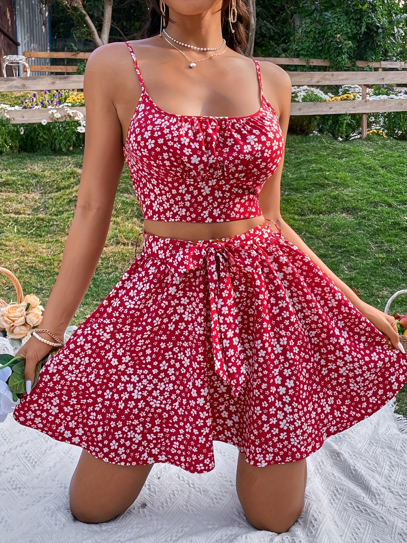 Spring/Summer Elegance: Ditsy Floral Crop Cami & Belted Skirt Set - Durable, Easy-Care Fabric, Ideal Comfort Fit
