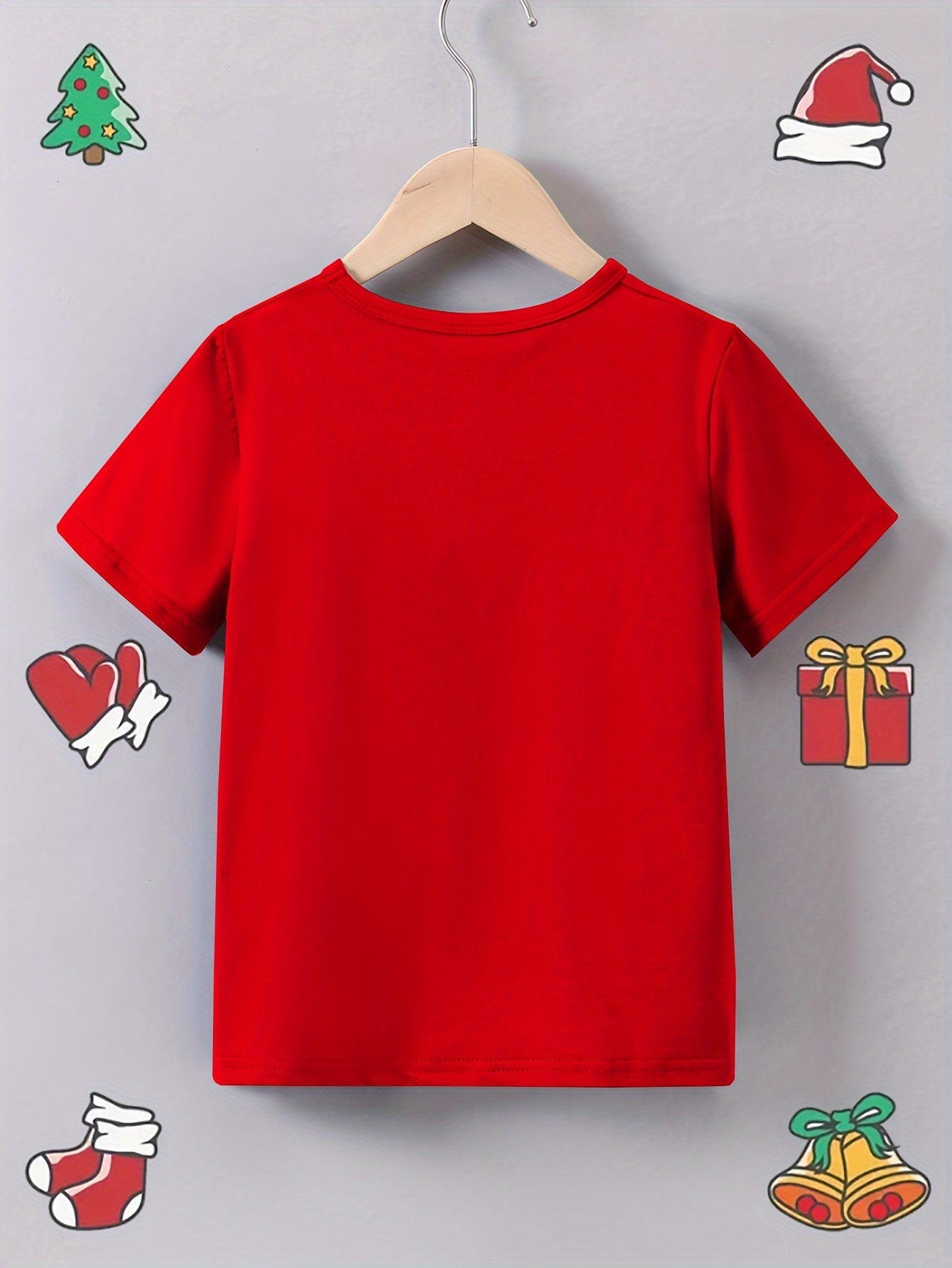 Fun Boys' Cartoon Santa and Reindeer Print Casual Crew Neck Polyester T-Shirt for Summer - Kids Merry Christmas Tops with Slight Stretch