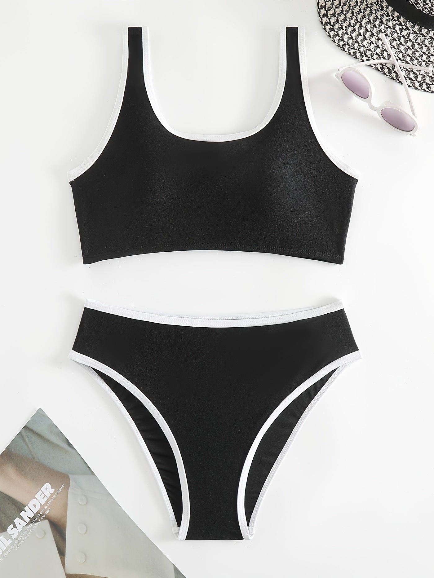 2-Piece Contrast Trim Scoop Neck Bikini Set - High Stretch, Comfortable, and Flattering Swimsuits for Women - Swim Briefs, Women's Swimwear, and Clothing for Beach and Pool