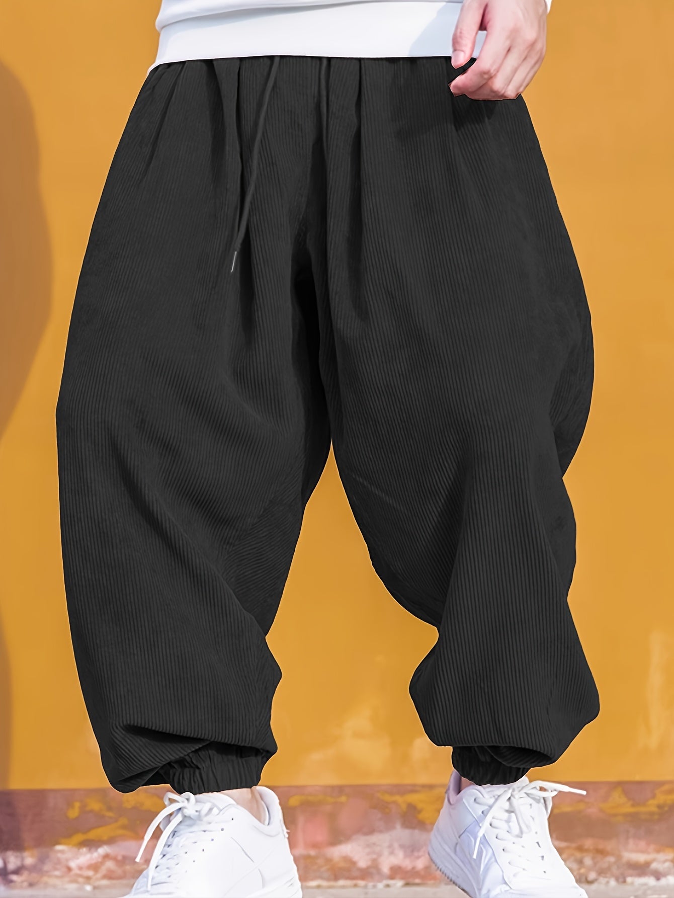 Men's Solid Color Loose Fit Corduroy Pants With Drawstrings, Casual Comfy Outdoor All-season Trousers As Gift