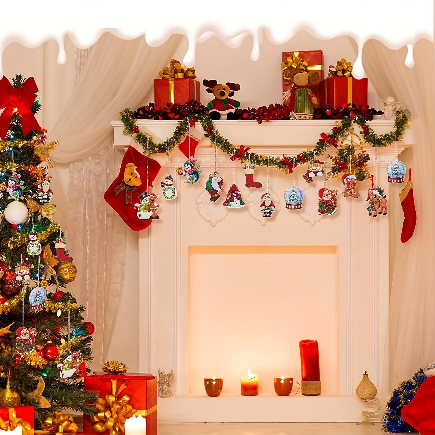 24pcs Wooden Christmas Ornaments, Farmhouse Style Hanging Decor, Vintage Santa Snowman Pendants for Home Party