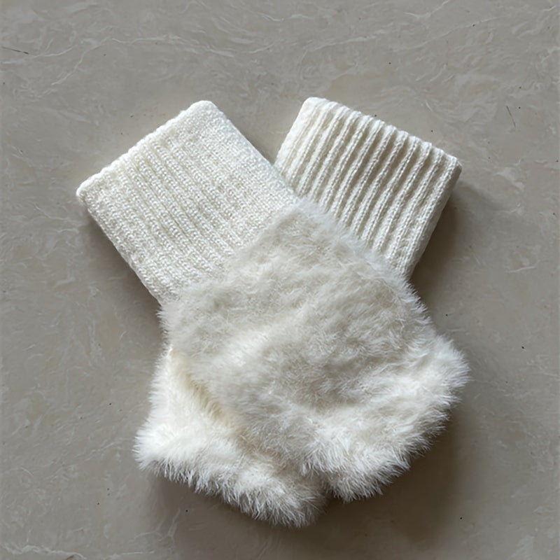 Women's Faux Fur Knitted Half-Finger Gloves, 2-Pack, Elastic Warm Winter Gloves for Office, Casual Outings, Hand Washable, Warmth & Comfort, Windproof Design
