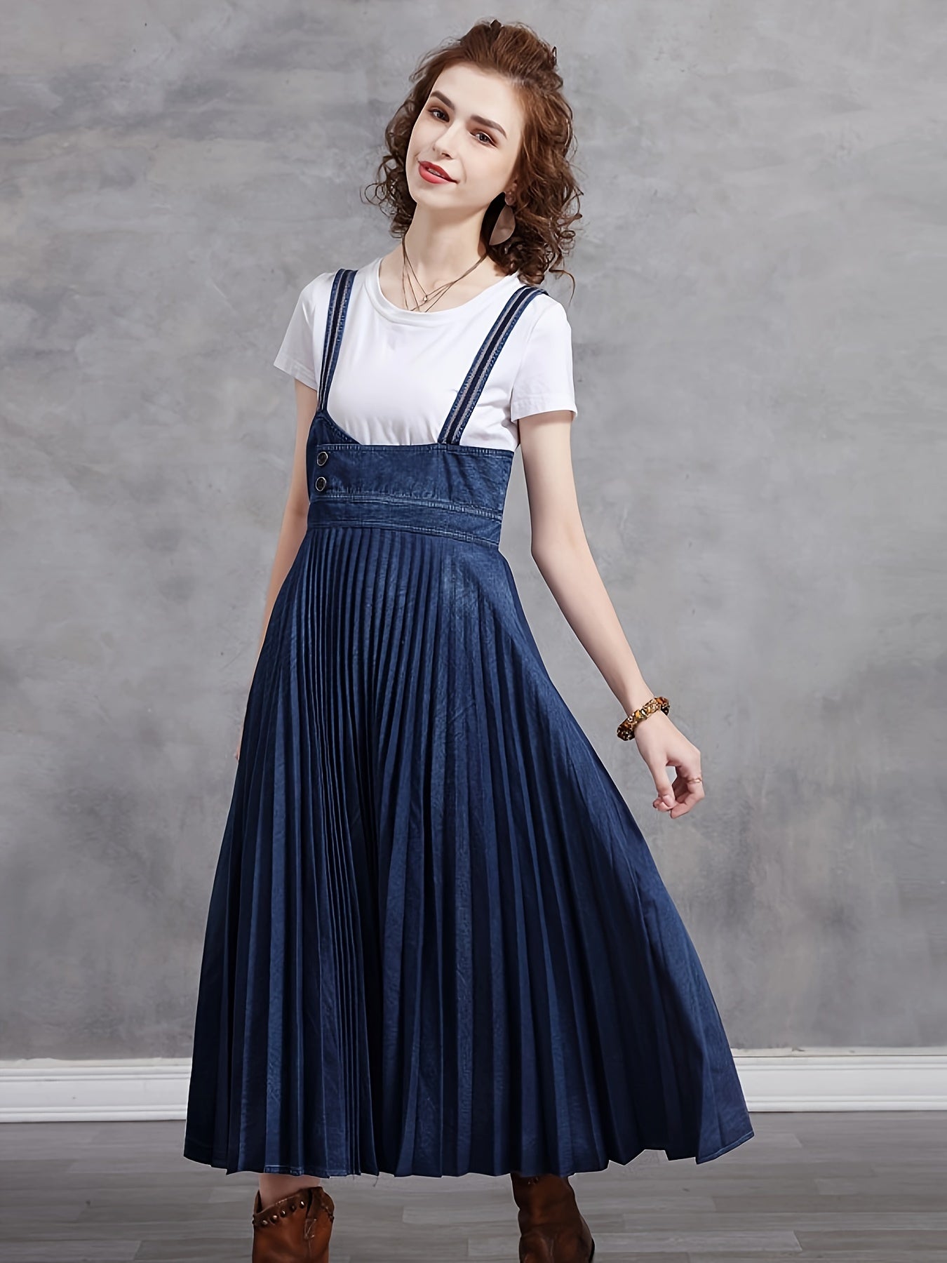 Plain Washed Blue Retro Style Pleated Suspender Denim Dress, Women's Denim Jeans & Clothing