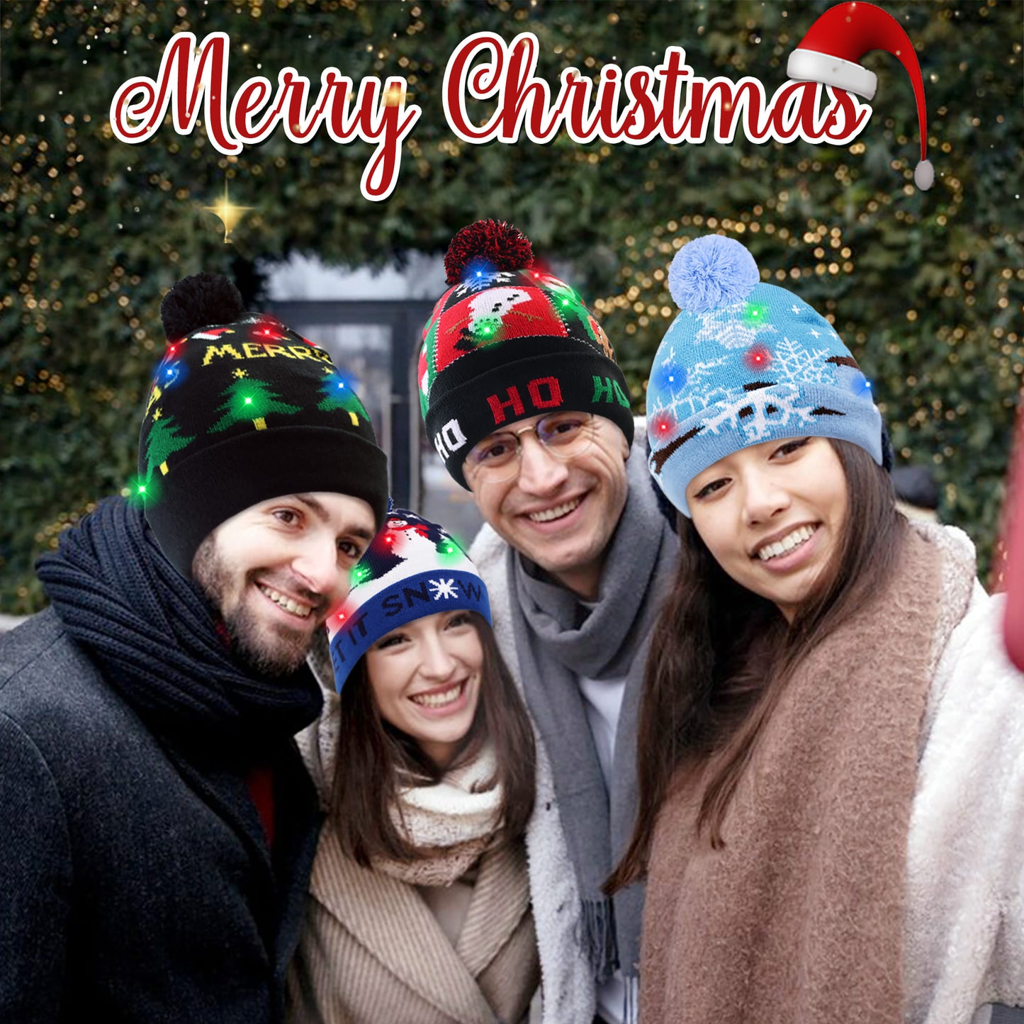 4 Pack LED Light up Christmas Beanie Hats Xmas Knitted Hat Unisex Winter Hat Flashing Cap for Adults Kids Christmas New Year