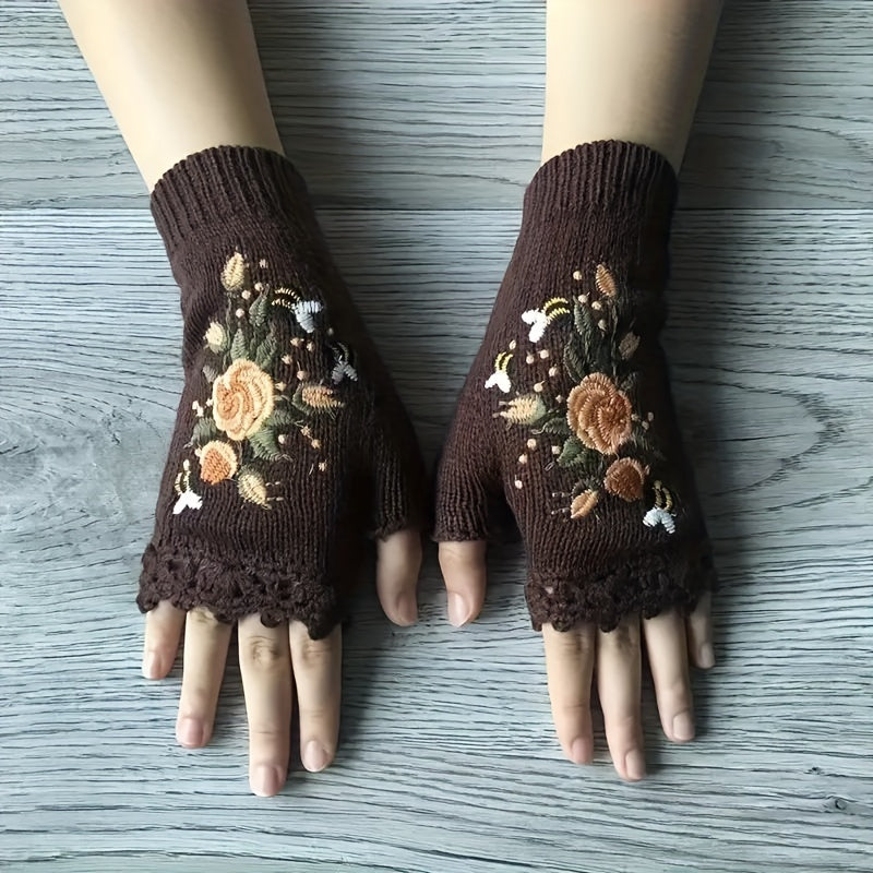 Vintage-Inspired Embroidered Floral Knit Gloves with Lace Trim - Touchscreen Compatible, Warm Half Finger Design for Women, Perfect for Fall & Winter
