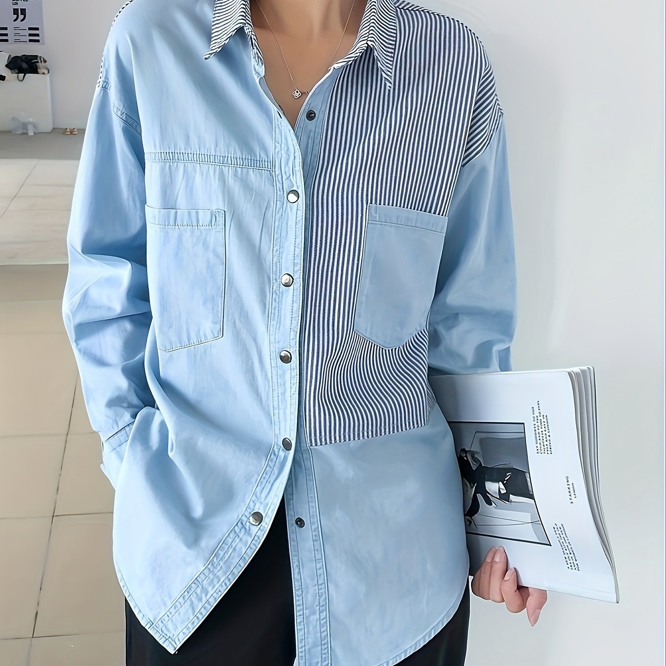 Long Sleeve Relaxed Fit Womens Denim Shirt Top - Soft Non-Stretch Fabric, Casual Polo Style, Color Block Patchwork Blue with Striped Details, Spring/Summer Collection, Button Front, Woven Construction