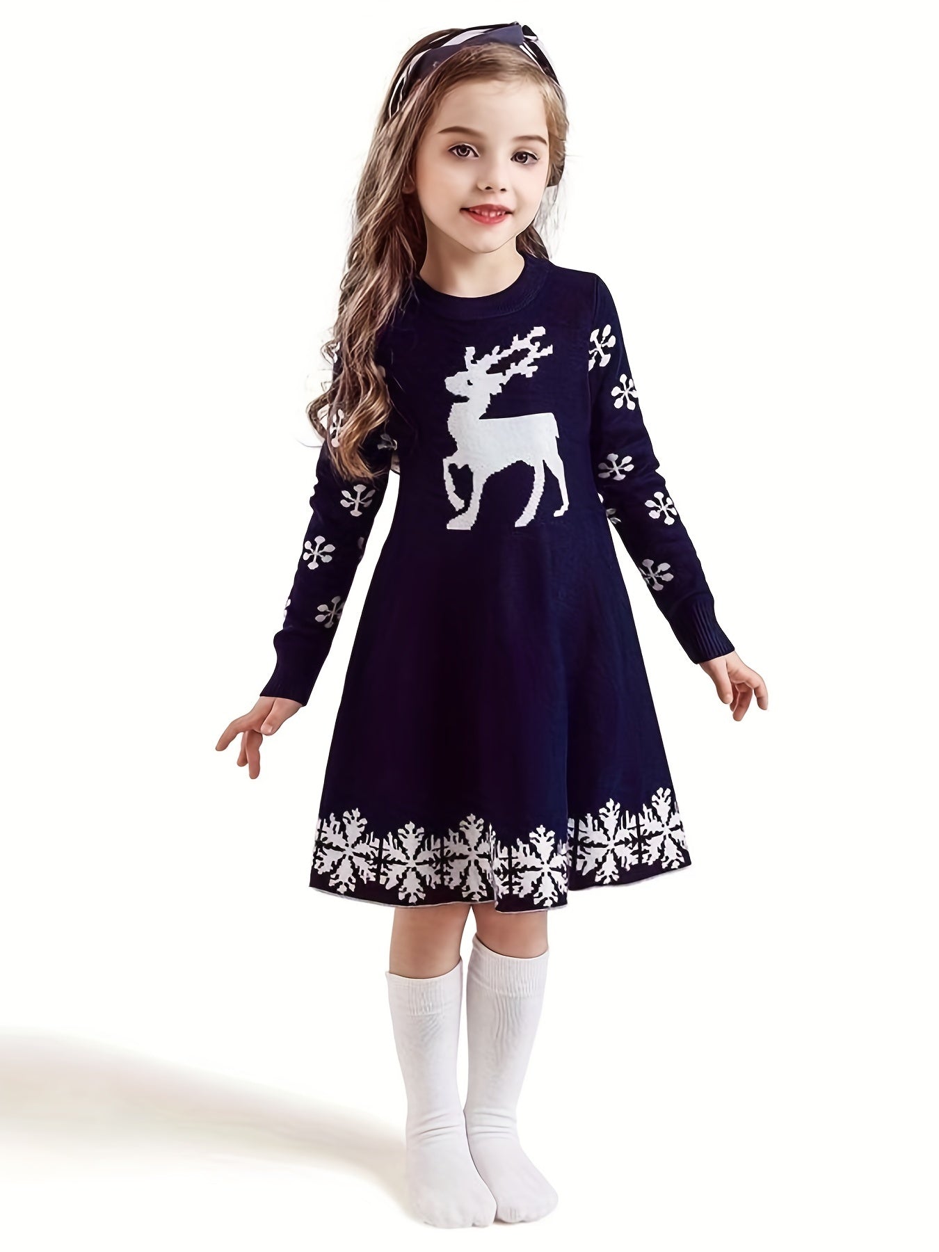 Cozy Girls' Deer Pattern Sweater Dress - Special Occasion, Round Neck, Long Sleeve, Knitted, Christmas Themed, Soft and Warm - Perfect for Holiday Parties