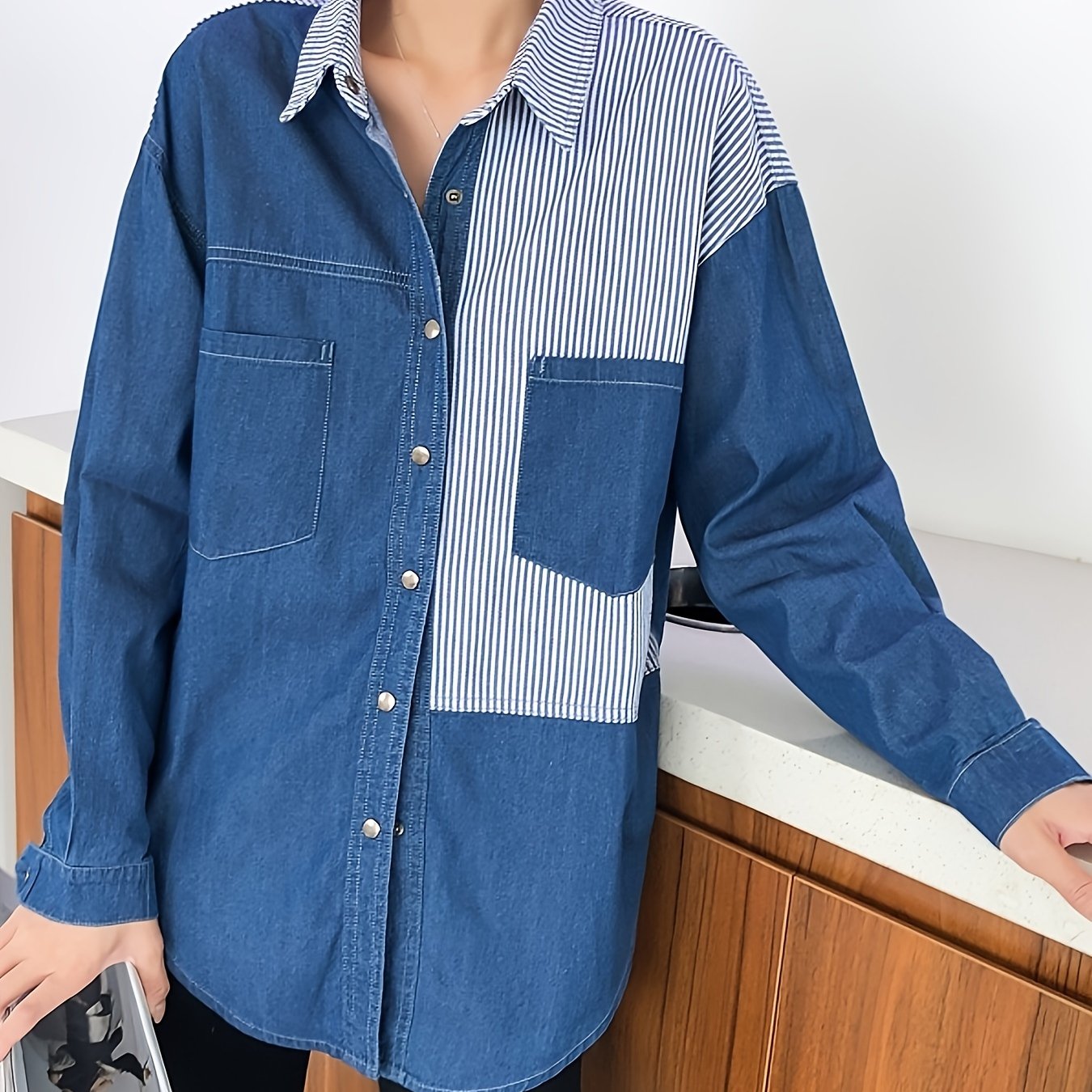 Long Sleeve Relaxed Fit Womens Denim Shirt Top - Soft Non-Stretch Fabric, Casual Polo Style, Color Block Patchwork Blue with Striped Details, Spring/Summer Collection, Button Front, Woven Construction