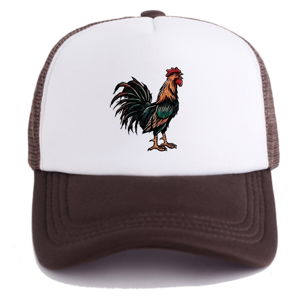Retro Rooster Print Curved Brim Baseball Cap - Breathable Mesh Trucker Hat with Snapback Closure, Perfect for Casual Leisure Outdoor Sports, Unisex Fashion Accessory for Summer, Spring, and Fall