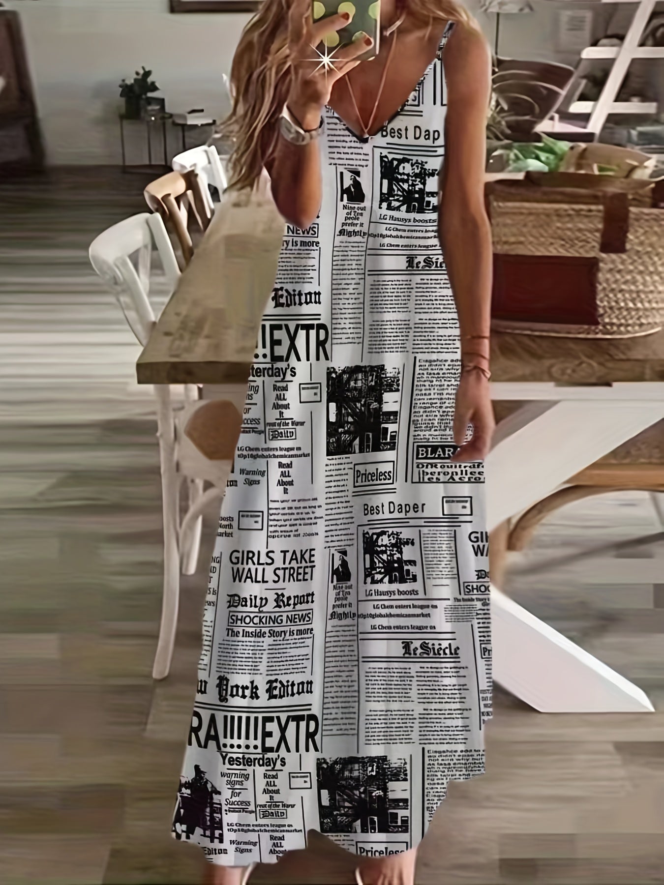 VAKKV Trendy Newspaper Print Maxi Dress - Boho Style, Spaghetti Strap V-Neck, Perfect for Summer Outings & Parties, Women's Fashion