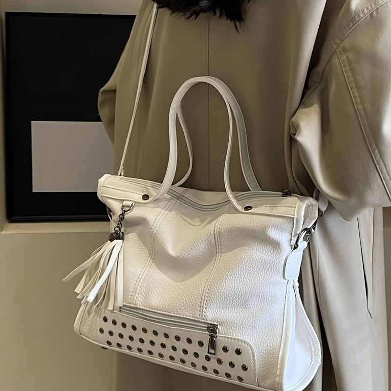 Fashionable Shoulder Bag For Women, New Trend Casual Tassel Pendant Decoration, Large Capacity Tote Bag, Solid Color Rivet Inlay Design, Crossbody Bag, Retro And Stylish Handbag Suitable For Daily Commuting, Outdoor Shopping