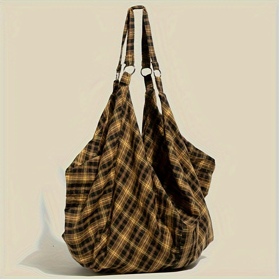 Chic Rock-Inspired Plaid Canvas Backpack - Spacious & Versatile for Work or Casual Outings, Durable Shoulder Straps, Zip Closure