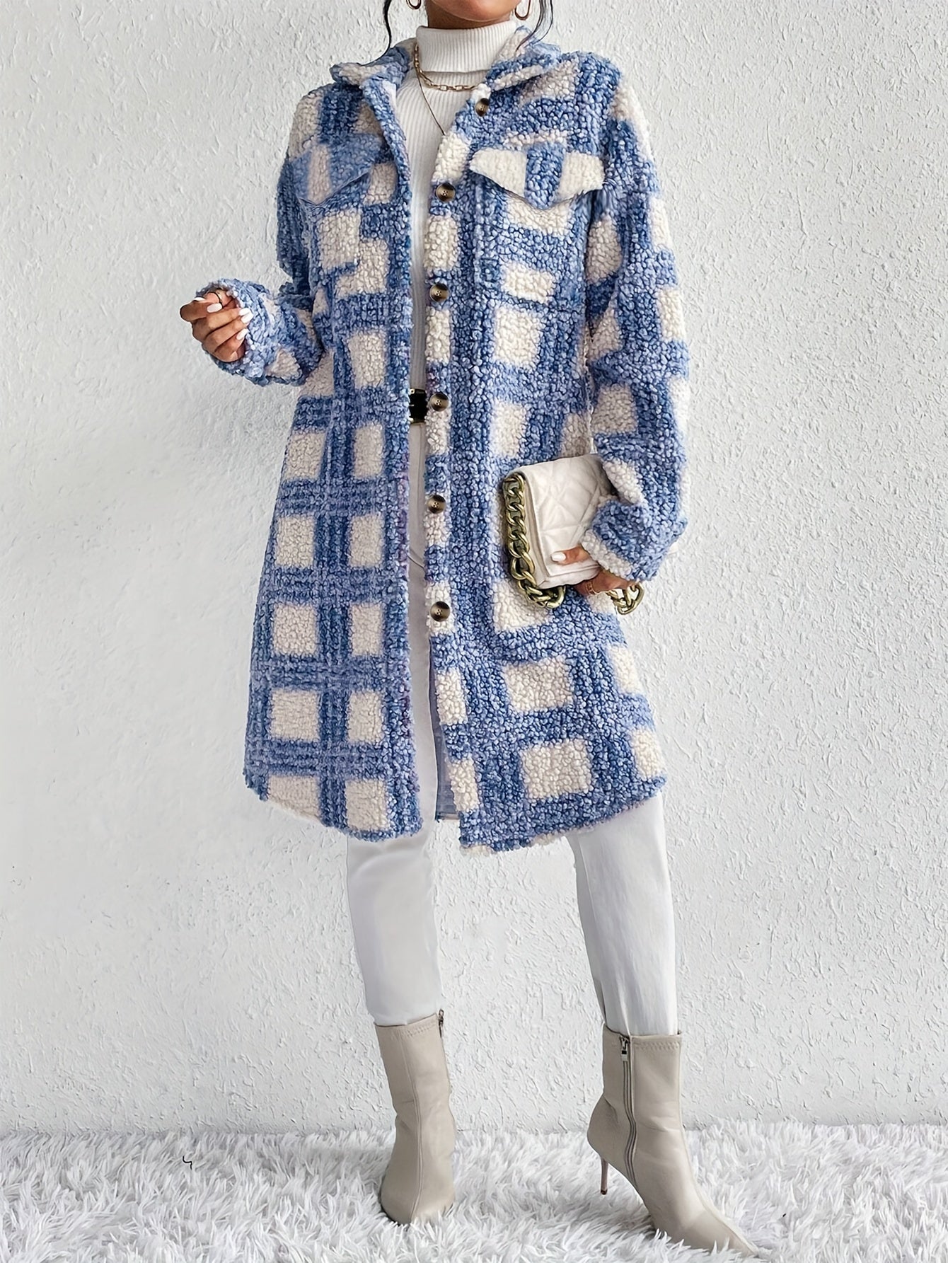 Long Sleeve Elegant Plaid Pattern Button Front Teddy Coat for Fall & Winter, Women's Mid-length Warm Outerwear