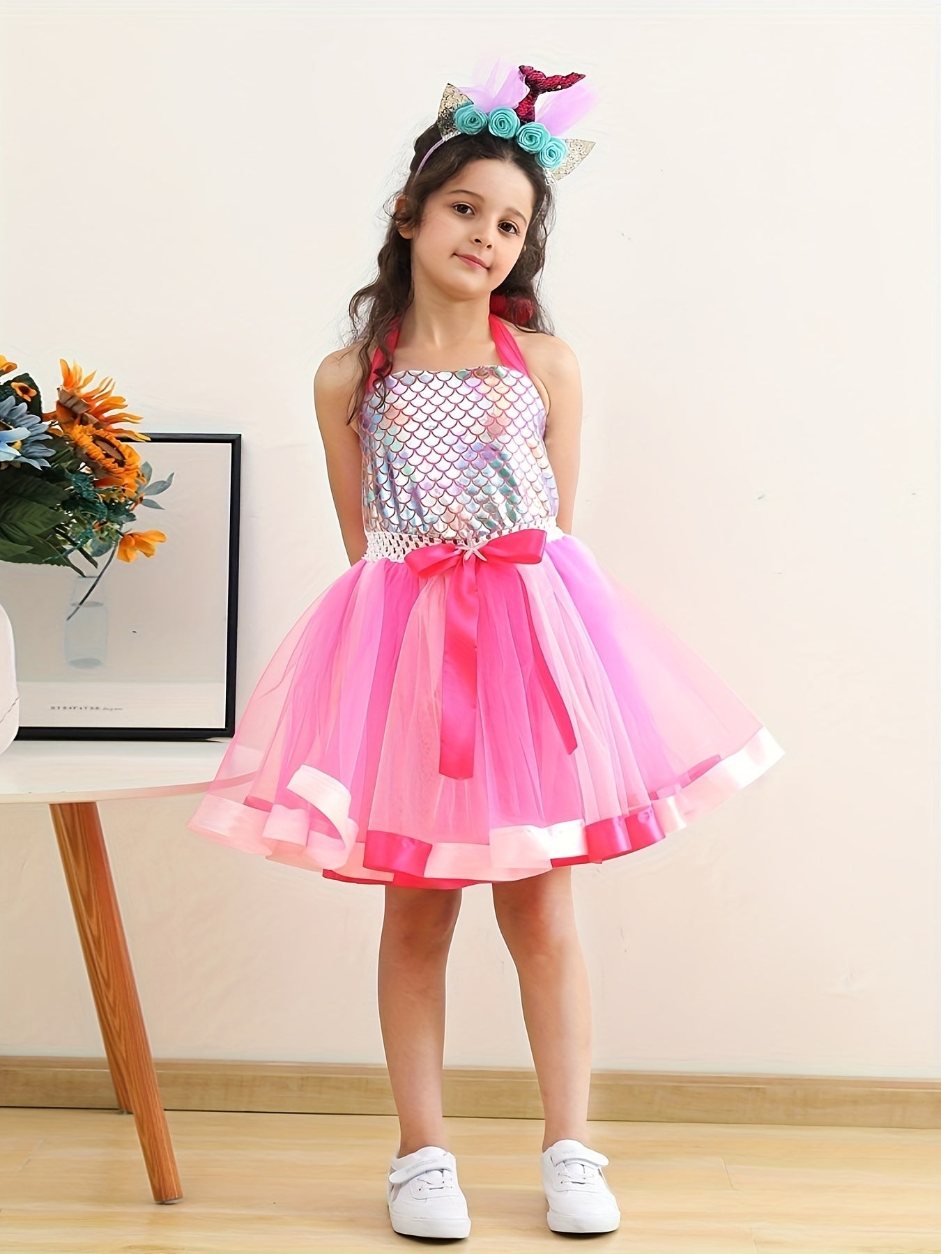 Tutu Dress and Headband Set - Sparkling Fish Scale Pattern Mesh Outfit for Girls - Perfect for Christmas, Halloween, Birthday Party, Performance, and Gift-Giving Occasions