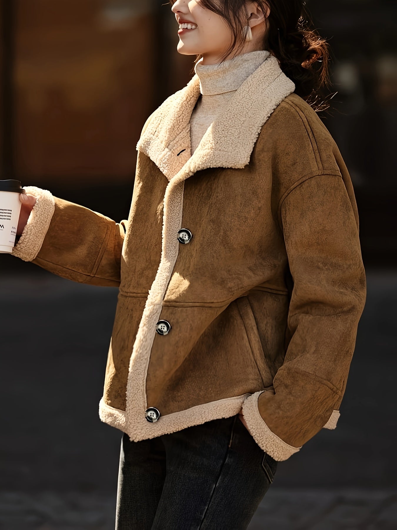 Elegant Women's Brown Faux Suede Coat - Long Sleeve, Open Front with Pockets, Machine Washable - Perfect for Fall/Winter