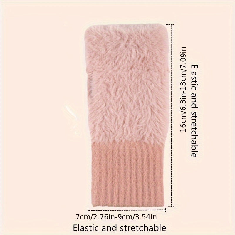 Women's Faux Fur Knitted Half-Finger Gloves, 2-Pack, Elastic Warm Winter Gloves for Office, Casual Outings, Hand Washable, Warmth & Comfort, Windproof Design
