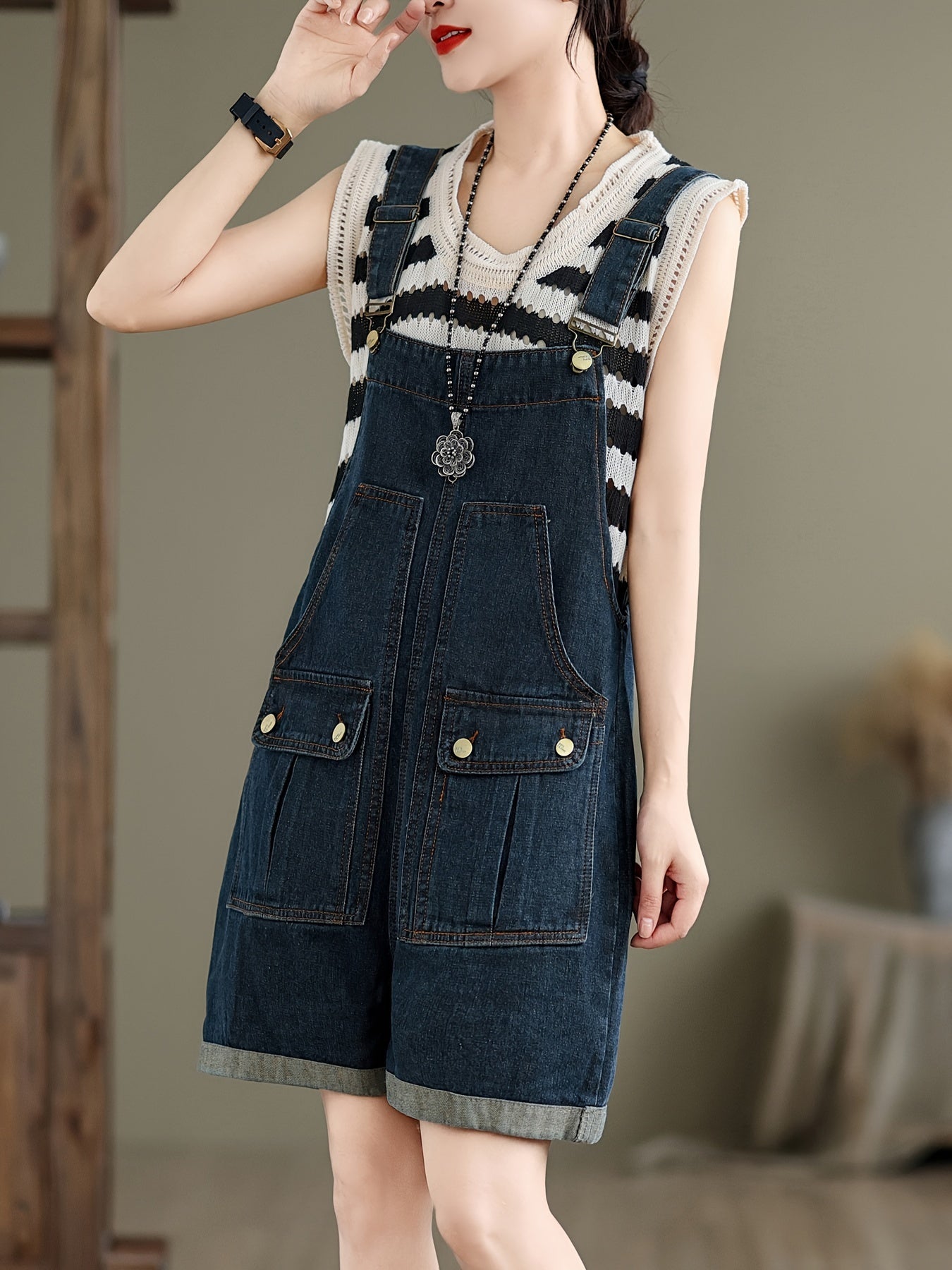 Plain Washed Blue Flap Pocket Adjustable Strap Retro Style Roll Up Hem Denim Overalls Shortalls Dungarees, Women's Denim Jeans & Clothing